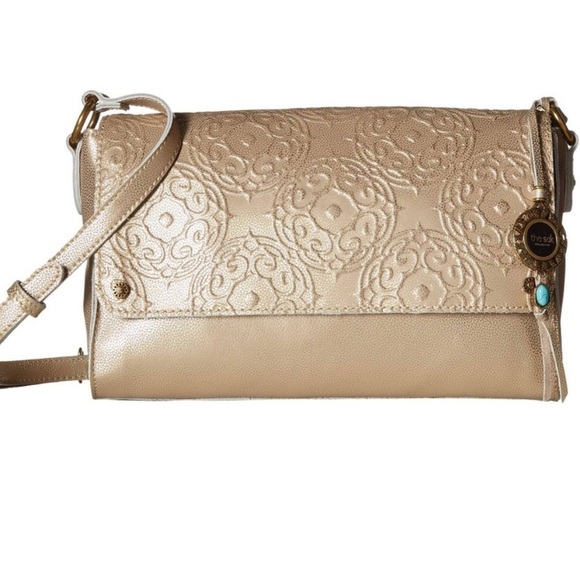 The Sak Ojai Crossbody Bag Gold Leather Embossed Flap Purse Handbag Pockets - Picture 1 of 10